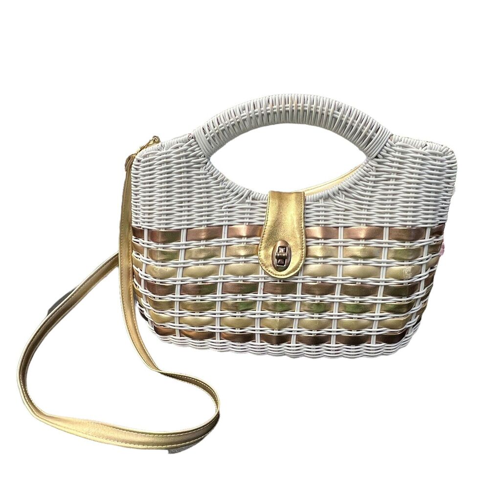 Vintage White Wicker Handbag With Copper & Gold Faux Leather Stripes - Picture 5 of 7